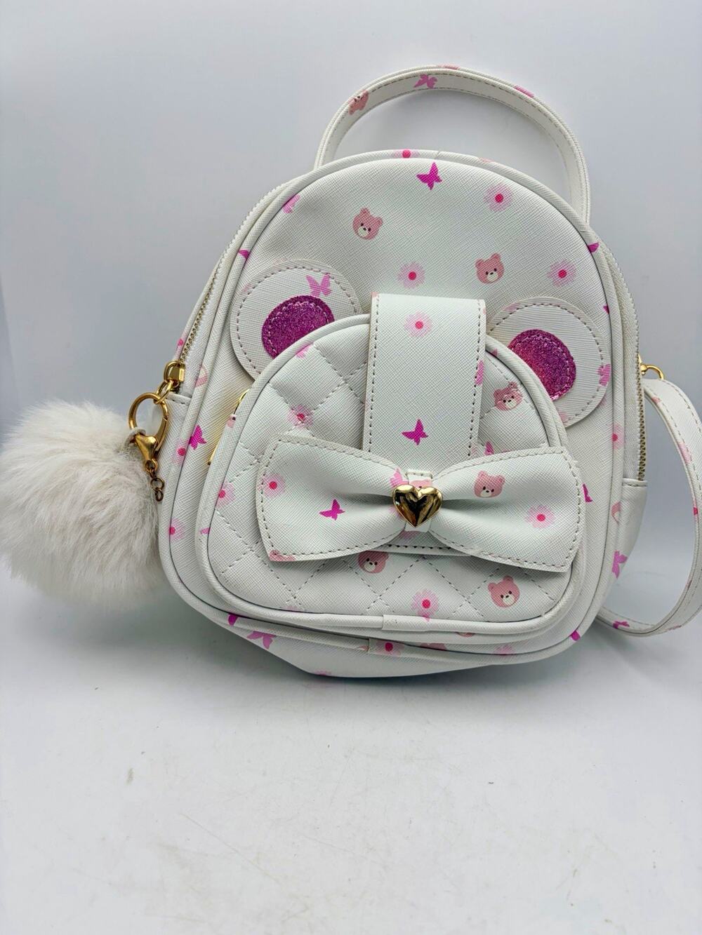 UNDER ONE SKY Mini Backpack Purse White Pink Bear Print Bow Bag Charm